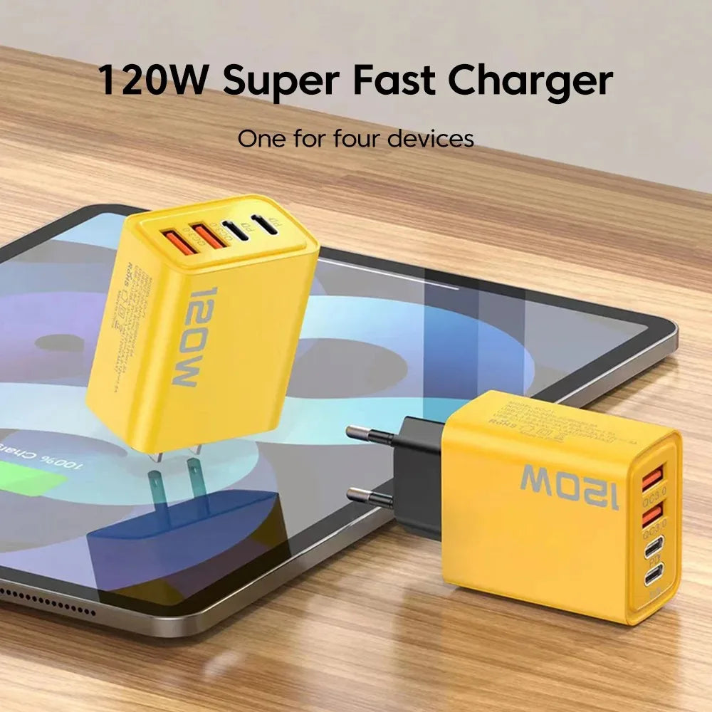 Total 120W USB Fast Charger 4Port PD Quick Charging USB 3.0 Type C EU US Plug Charger For Xiaomi iPhone 15 Pro Max Wall Adapter